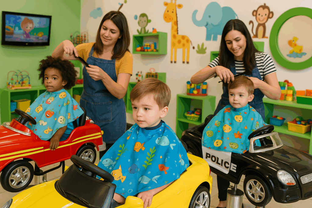 Children’s Haircuts in Colonial Heights: A Stress-Free Guide for Parents 1 Children’s haircuts in Colonial Heights – kids getting haircuts in a fun, kid-friendly barbershop with toy car chairs and colorful décor.